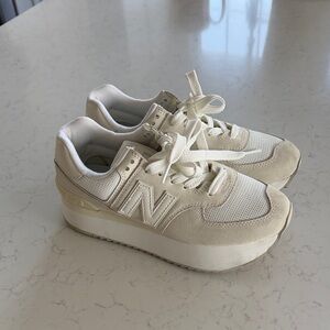 New Balance Beige and White Platform 574 Sneakers